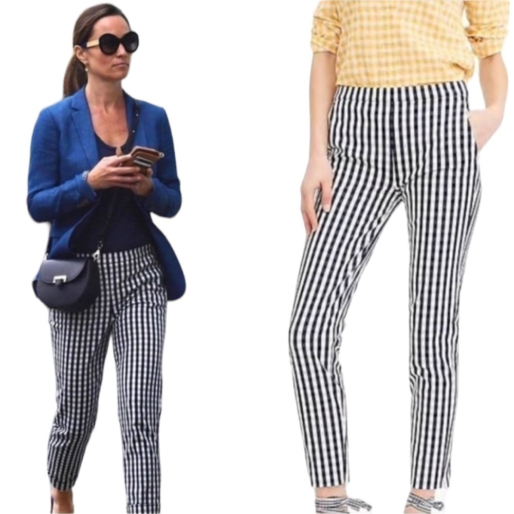 J Crew Dress Pixie Martie Pull On Gingham Navy Blue White Size Zip Pants Sz 2